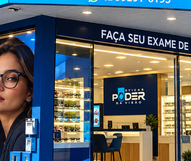 Vitrine e displays de armações na loja Óticas Poder da Visão
